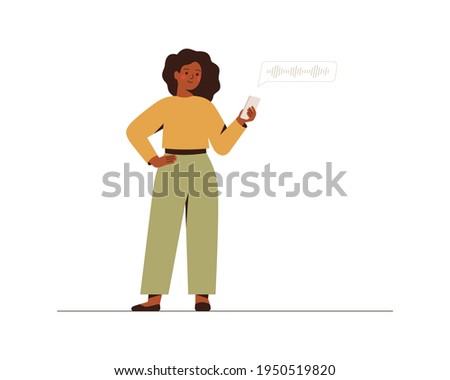 Black businesswoman listens to the voice message on a mobile phone. African American female entrepreneur communicates by an audio chat with colleagues. Vector illustration