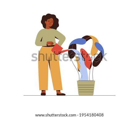 Black woman growing and watering business idea. African American female entrepreneur cares about her eco-green project. Corporate Social Responsibility concept. Vector illustration