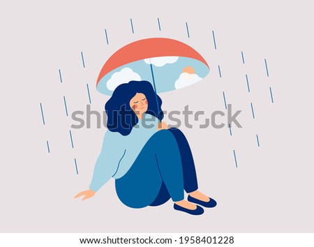 Inner world Concept.  Happy woman protects herself from the rain with an umbrella with a blue sky and sun. Mental health vector concept