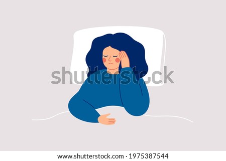 Girl suffers from insomnia and had difficulty falling asleep.Woman has headaches during sleep time. Sleepy female lying on bed and touching her temple. Insomnia and sleep disorder. Vector illustration