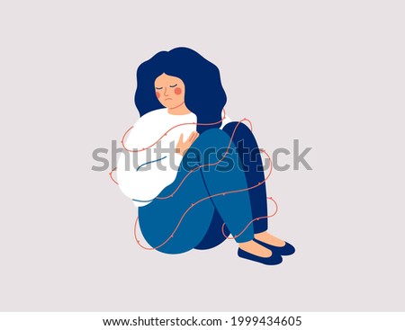Sad woman surrounding sharp thorns. Lonely Girl has mental health problems and difficulty social acceptance. Concept social rejection and pessimism. Vector illustration Foto stock © 
