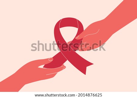 Pink ribbon is passing from hand to hand. Breast cancer awareness concept with human arms holding big pink ribbon. Medical vector illustration. 