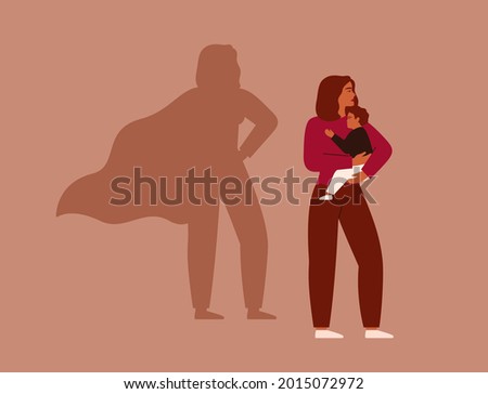 Strong working woman holds her child on the background female's shadow in the cape as a superhero. Maternity and career concept. Vector illustration