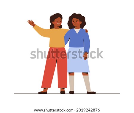 Friends stand together and embrace. Smiling Two schoolgirls greeting and supporting each other. Girl shows something to her sister or welcomes her. Concept of friendship and partnership. Vector illust