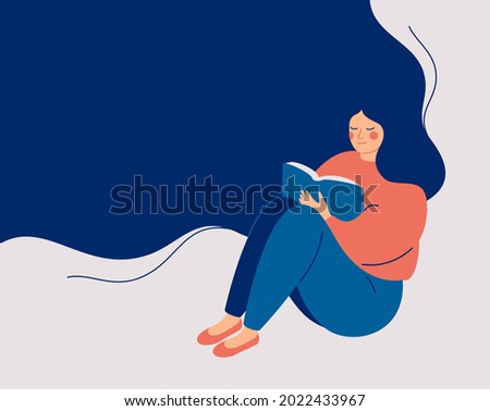 Happy woman sits and reads the book with enjoy and interest. The girl keeps her diary or takes notes. Book therapy session. Mental health concept. Vector illustration