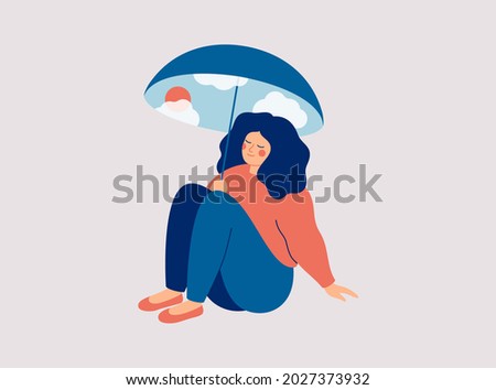 Happy woman sits under an umbrella with good weather and feels of well being. Girl sences good vibes.  Body positive and self love concept. Vector illustration
