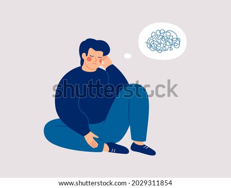 Sad man sits on the floor with tangled thoughts. The unhappy boy has confused thinking. The depressed male adolescent has memory problems. Concept of mental disorder or illness. Vector illustration