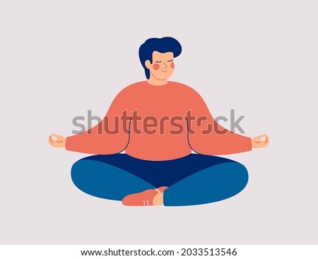 Young man sits with cross-legged on the floor and meditates with closed eyes. Boy makes morning yoga, relaxes at home or breathing exercises. Body positive and health care concept. Vector 