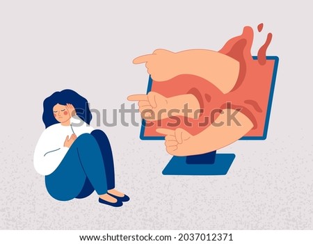 Sad woman turns away, covers her face with her hand from hands pointing at her from computer screen. Peers engage in bullying behavior towards girl. Cyberbullying concept, bad influence on internet. 