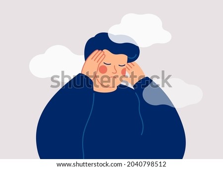 A sad young man has a clouded mind on blue background. A depressed teenager boy suffers from temporary memory loss and confusion. Vector illustration Stock foto © 