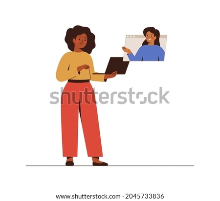 Businesswomen discuss projects via video call. Girl talks with her friend online. People communicate and work remotely and using laptop for meetings. Vector illustration