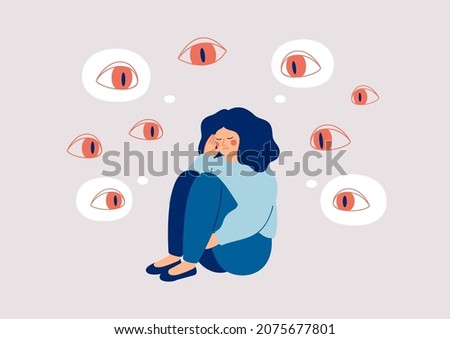 Sad woman surrounded by giant eyes feeling overwhelmed and helpless. Depressed girl suffers from phobias and fears. The psychological concept of mental disorder and paranoia. Vector illustration