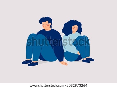 Sad man and woman sit back to back and no speak. Couple on the brink of divorce. Friends quarrel and misunderstand. Relationship break up and family crisis concept. Vector illustration Сток-фото © 