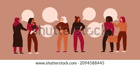 Women have come together to express their views or for voting.  Girls from different cultures and activities are talking about something. Cooperation and partnership concept. Vector illustration