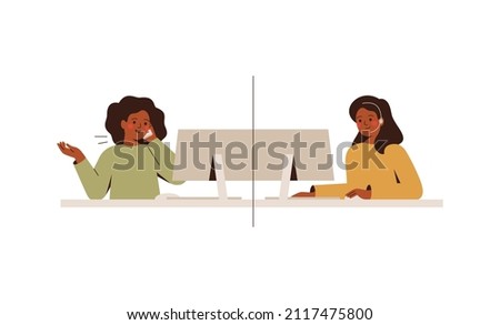 Woman at home talks to operator call center. Service consultant help female customer online. Remote conversation between client and assistent of support line. Vector illustration