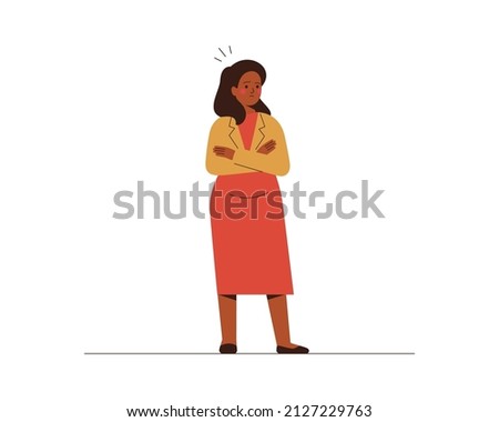 African American woman dissatisfied with someone or disagrees with something. Confident female crossed her arms expressing protest and annoyance. Vector illustration isolated on white