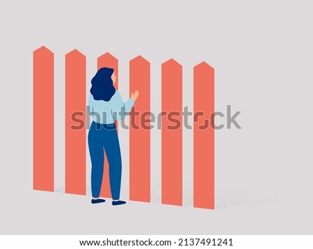 Woman stands in front of the high fence and looks at the other side through the gap. Girl faces an insurmountable obstacles on her life way. Restrictions on human rights in society. Vector