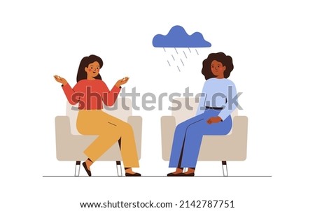Woman listerning her toxic friend and feeling anxienty and sadness. Conversation between extrovert and introvert. Colleague violating personal boundaries. Concept of unhealthy communication concept. Foto stock © 