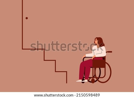 Woman with disability in the wheelchair stops near stairs. Female with mobility problem can't climb the stairs without ramp. Inaccessibility of urban infrastructure to persons who uses wheelchairs.