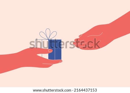 Giftbox is passing from hand to hand. Friend shares present or surprise gift for another person. Concept of celebration birthday or some anniversary. Vector illustration.