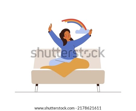 Pregnant Woman awake from sleep in the morning. Happy female who waiting the baby get out of the cozy bed and stretching with good mood. Healthy lifestyle concept. Vector illustration