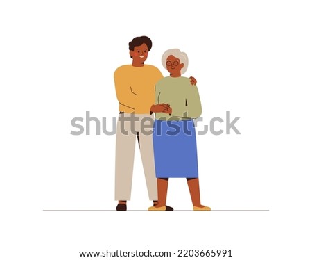 Young man hugs his elderly mother with love and care. Son helps to his senior female parent. Concept of Support and protection for old person.Vector illustration