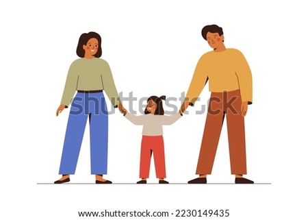 Young family with one child hold hands. Happy parents with their baby girl stand together. Man and woman look their toddler with love and care. Adoption and parenthood concept. Vector illustration