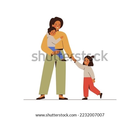 Happy Mother and her children together. Smiling Woman holding her son and daughter on hands . Maternity concept. Friendship, love and support in family. Vector illustration