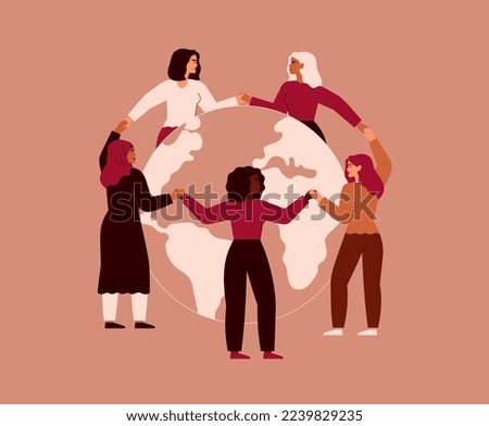 Women hold hands surround the Earth for saving planet.Multicultural Female activists protect and care about environment. Ecology awareness and sustainability concept for Earth Day. Vector illustration