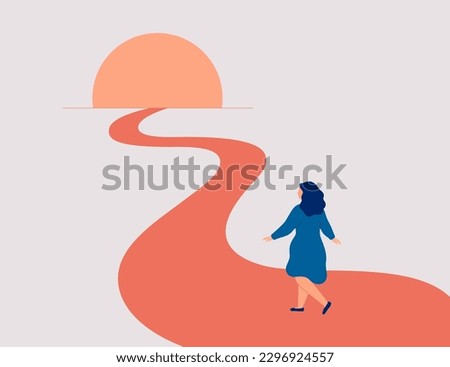 Confident woman goes forward to her life goals. First step to self love and freedom. Happy female person achieves dreams and realizes plans. Personal growth and development lifestyles pathway. Vector