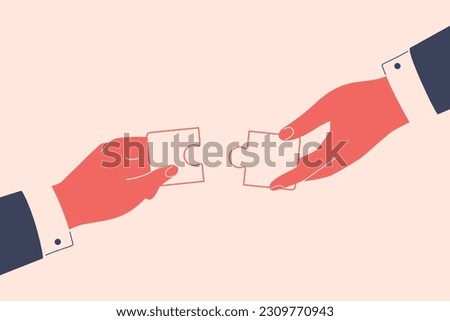 Human hands connect two parts of puzzle together. Business solutions and ideas. Teamwork and partnership concept. Vector illustration
