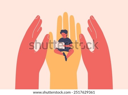 Three human hands surrounded boy reading book with kindness. Healthcare support and shield children's rights in society. Adults taking care about kids. Social protection and education for kids. Vector