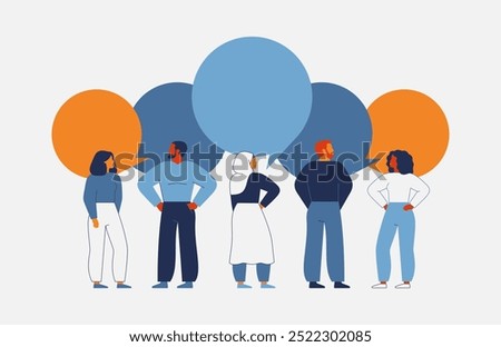 People communicate via big speech bubbles. Men and women stand group and talk. Brainstorm, diversity and freedom of thoughts in the business team. Crowd voice and social media concept. Vector