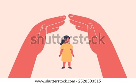 Human hands created secure environment for small girl via home roof gesture. Childproofing, supervision, and teaching safety rules. Adoption and Adults taking care about kids. Vector illustration