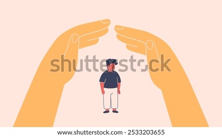 Human hands create secure environment for african american boy via home roof gesture. Childproofing, supervision, teaching safety rules. Adoption and Adults taking care about kids. Vector illustration