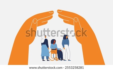 Human hands create secure environment via home roof gesture above women. Two arms protect and care about females. Legal defense, shelter, medical and life insurance for minority and disabled people