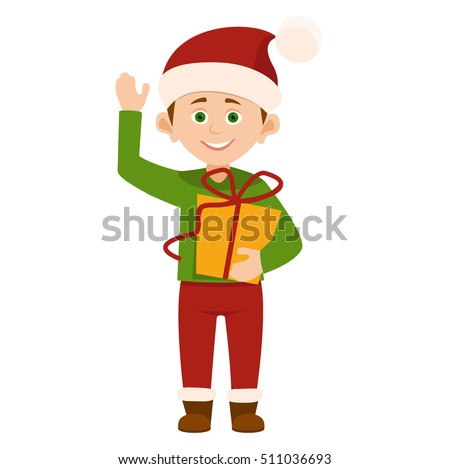 Santa Claus kids cartoon elf helpers vector illustration. Santa Claus elf helpers children. Santa helpers traditional costume.christmas kid holding gift box  isolated on white background