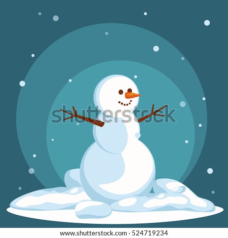 Snowman vector flat helper under winter landscape. Snowman icon flat style. Christmas vector illustration