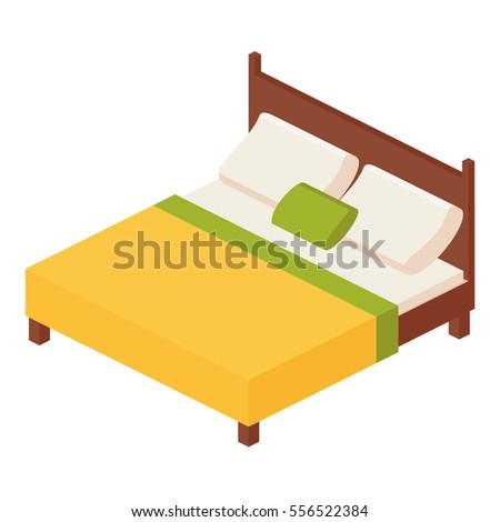 isometric vector illustration double mattress one king size bed with mattress and a high back: two pillows and one decorative pillow Comforter.vector illustration isolated on white background