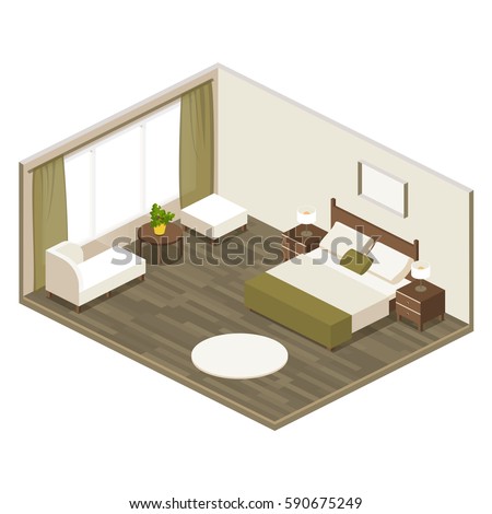 hotel room in isometric view with a large double bed, soft furniture, armchair, bedside tables. Bedroom decor for adults in flat style, vector illustration with layers isolated on white background