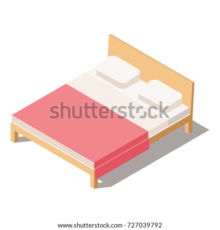 Big Bed for Two or One Person with Comforter and pillows.  Furniture for the Bedroom. Vector Illustration in Isometric view. 3D Bed isolated on white background