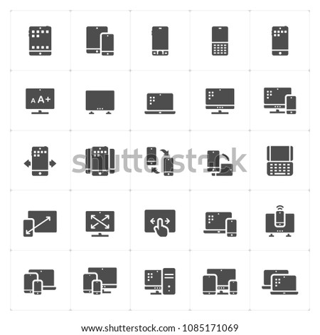 Icon set - device and responsive filled icon style vector illustration on white background