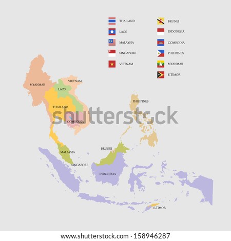South East Asia map and flags vector illustration  