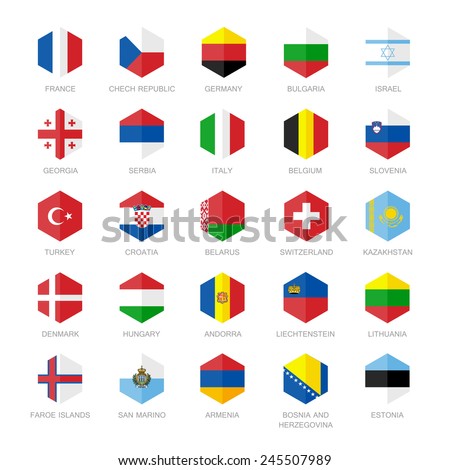 Europe Flag Icons. Hexagon Flat Design.