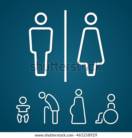 Restroom male female pregnant people living with disabilities oldster and baby sign outline stroke vector illustration