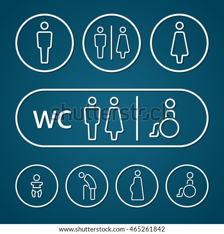 Restroom male female pregnant people living with disabilities oldster and baby sign outline stroke vector illustration