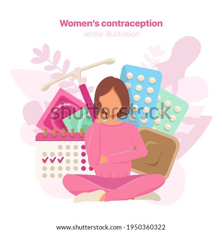 Different types of female contraception. Concept of woman that are thinking about appropriate contraception for her. Vector illustration. 