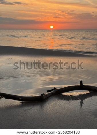 Image, Stock Photo sunset over the baltic sea, portrait of a young woman standing on the beach