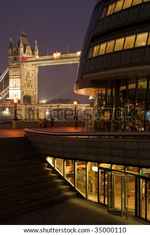 tower bridge and town hall by more london at night