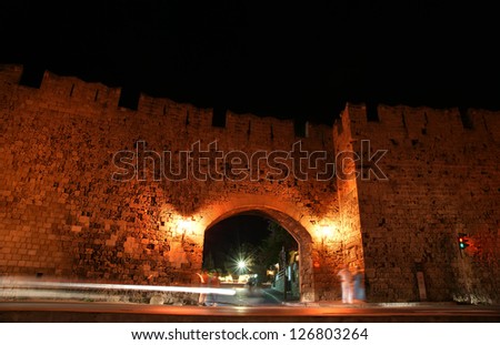 Medieval city walls in Rhodes town (night), Greece
